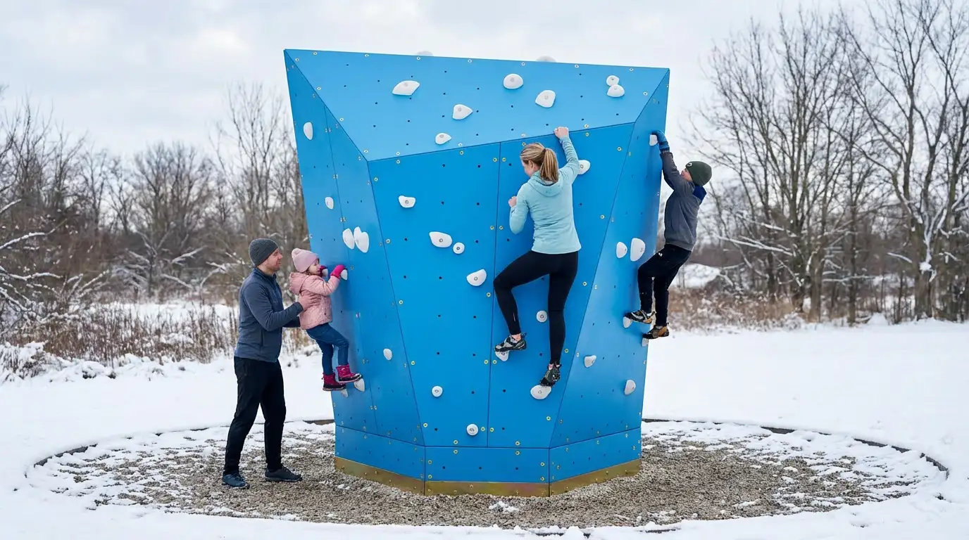 Four children climbing a black outdoor bouldering wall with colorful holds and safety mats underneath at a playground.