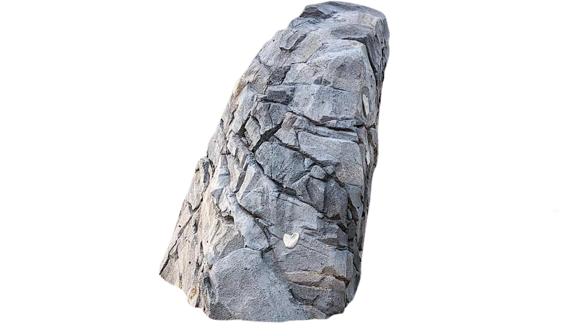 Large gray boulder with rough texture and a small heart-shaped white mark on its surface.