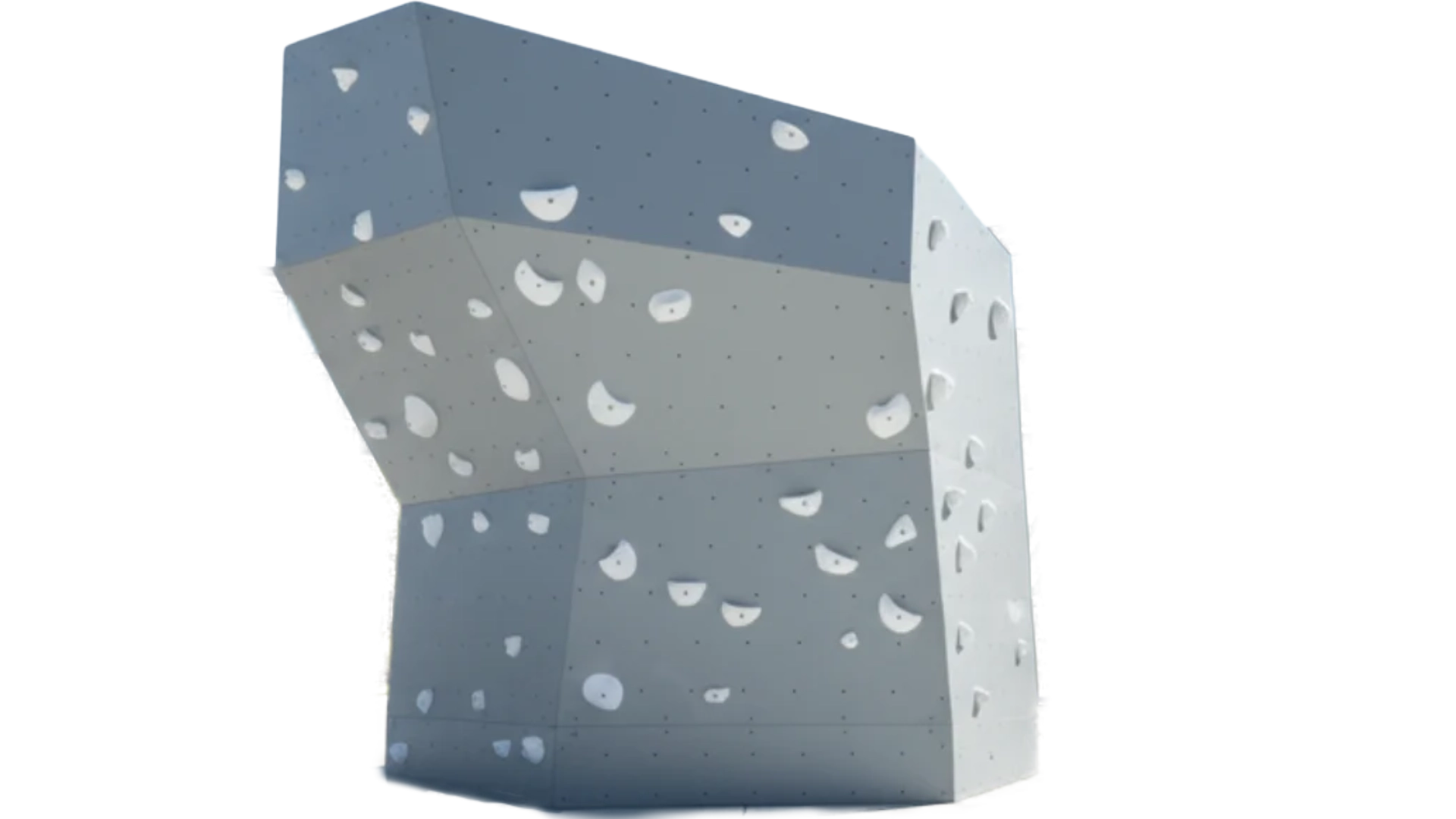 Freestanding outdoor climbing boulder with various handholds in shades of gray and white.