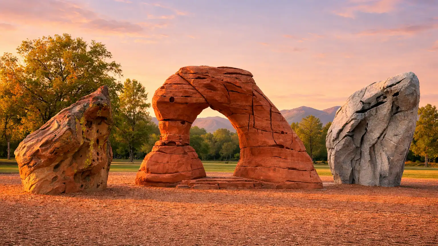 Three large, geometric climbing boulders set outdoors on wood chips with trees and mountains in the background at sunset.