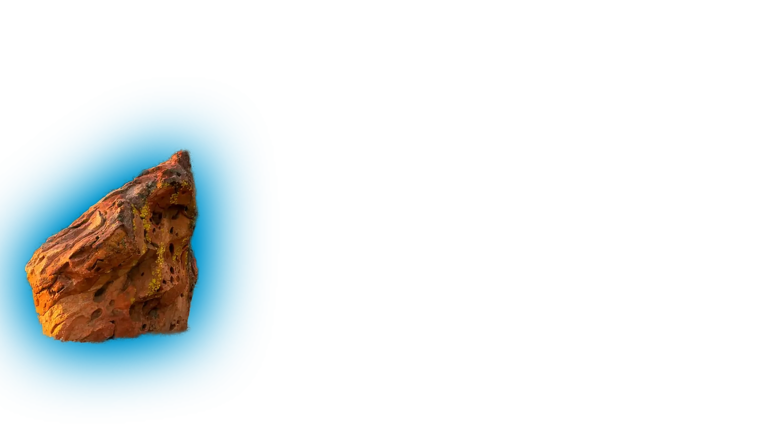 Gray angular climbing boulder with multiple bolt holes on a blue background.