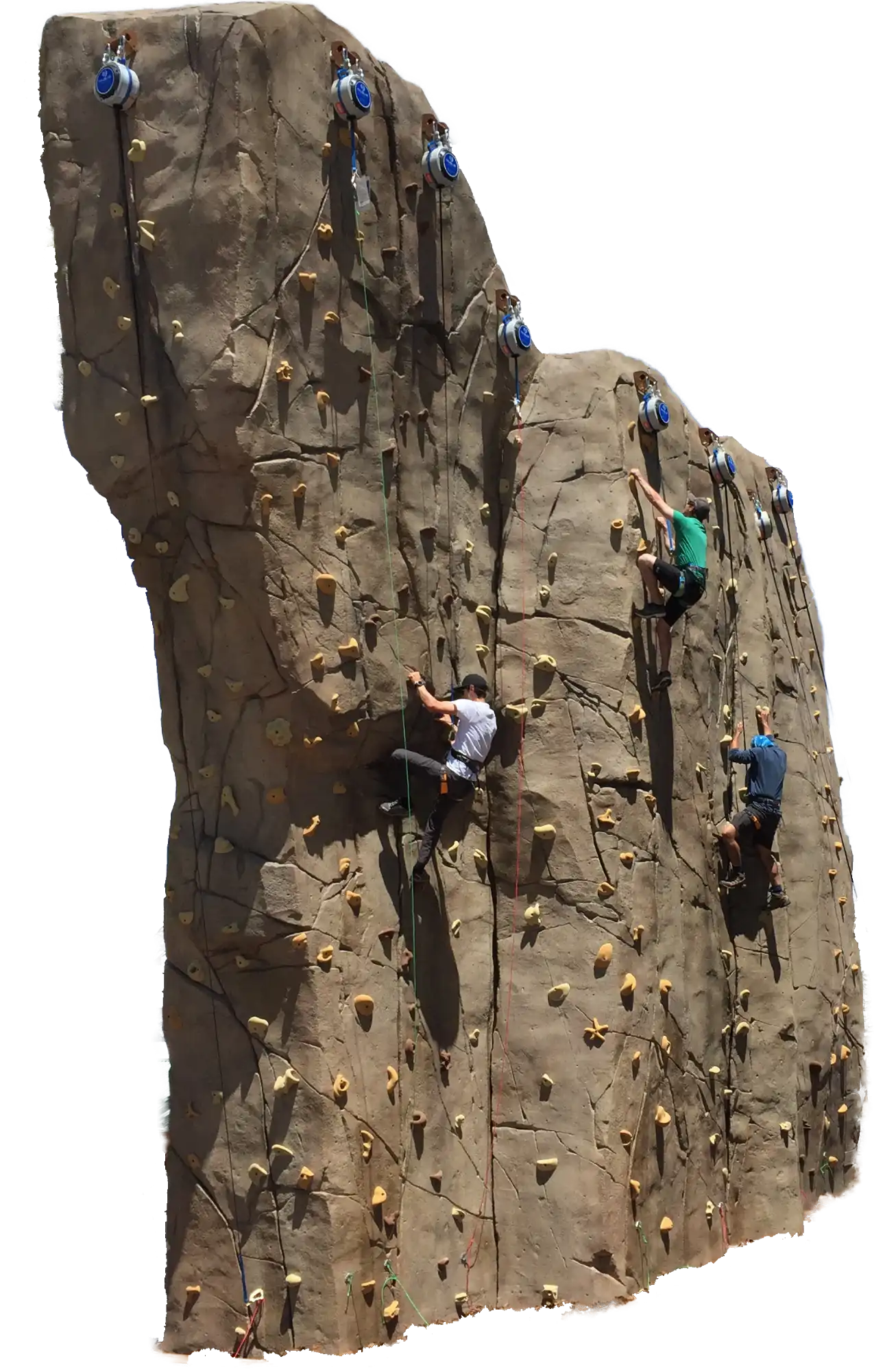 Freestanding outdoor climbing boulder with various handholds in shades of gray and white.