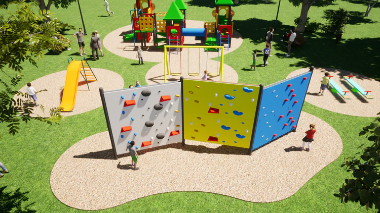 Outdoor playground with children climbing colorful rock walls, playing on swings, slides, and seesaws on green grass.
