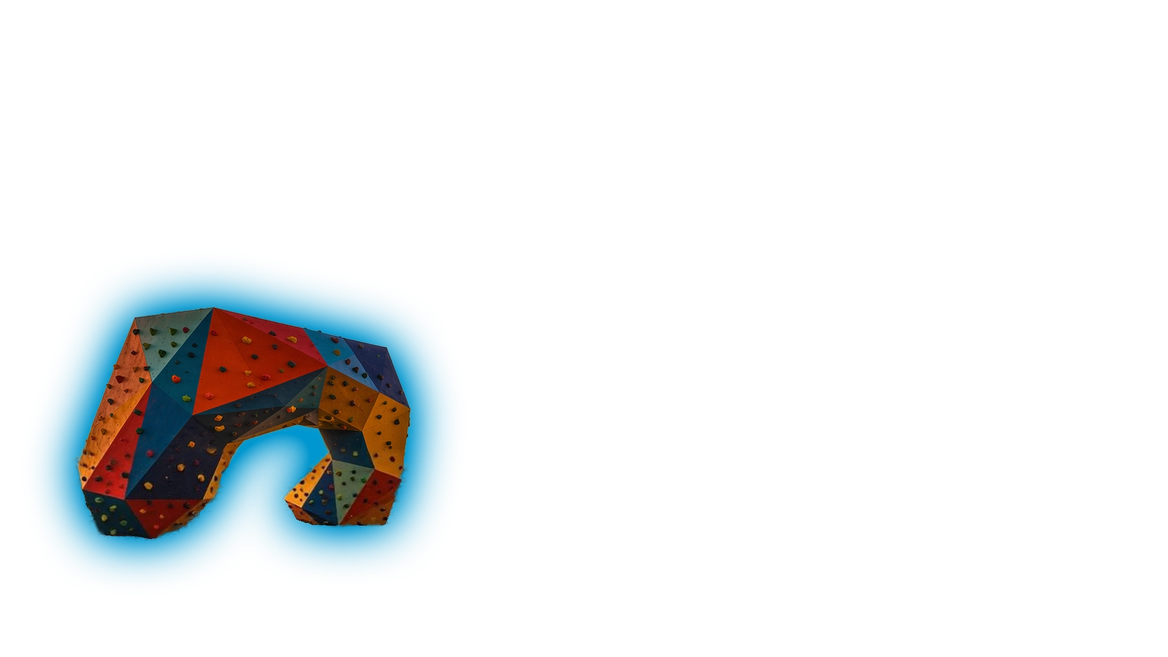 Gray angular climbing boulder with multiple bolt holes on a blue background.