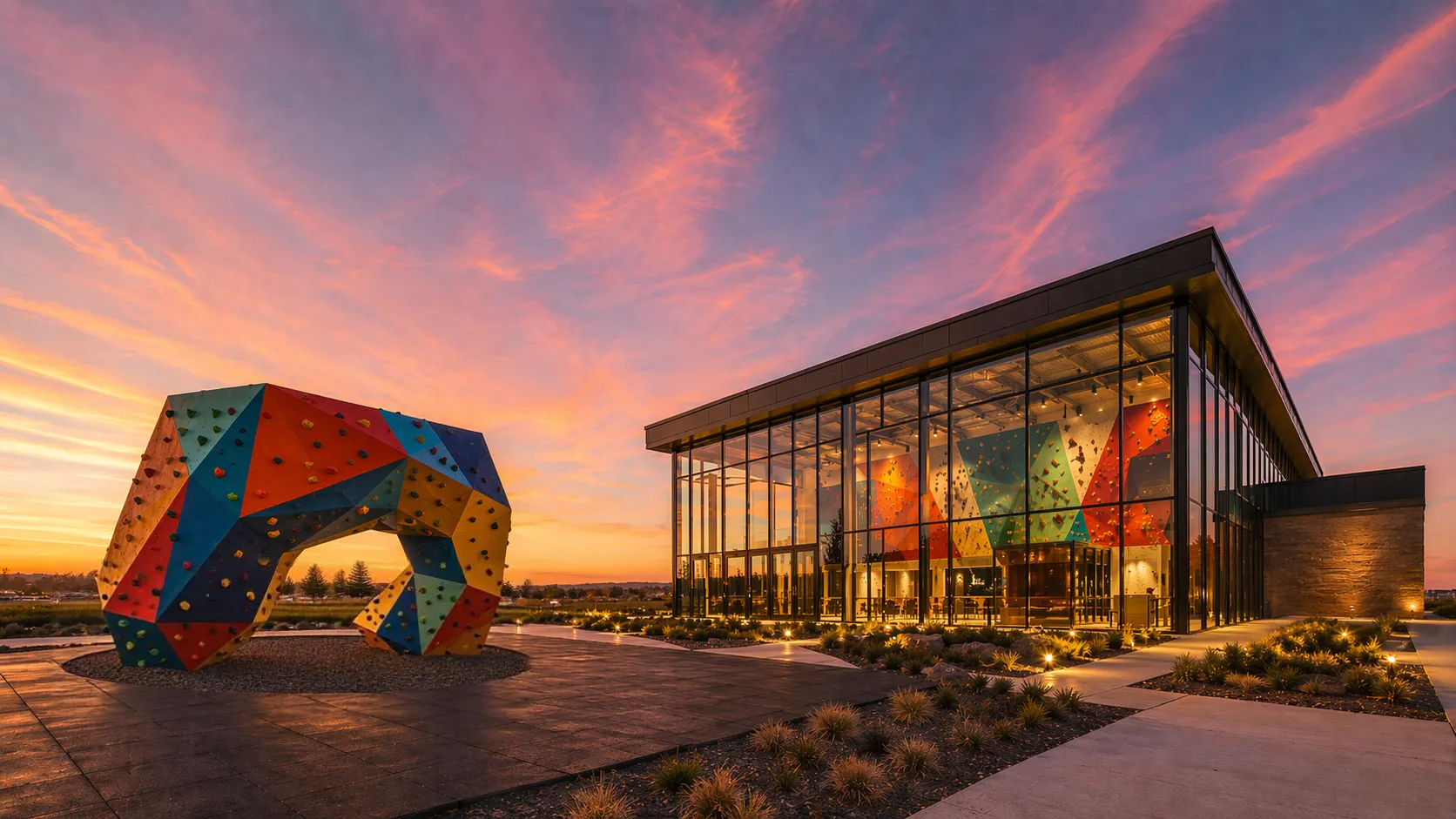 Three large, geometric climbing boulders set outdoors on wood chips with trees and mountains in the background at sunset.