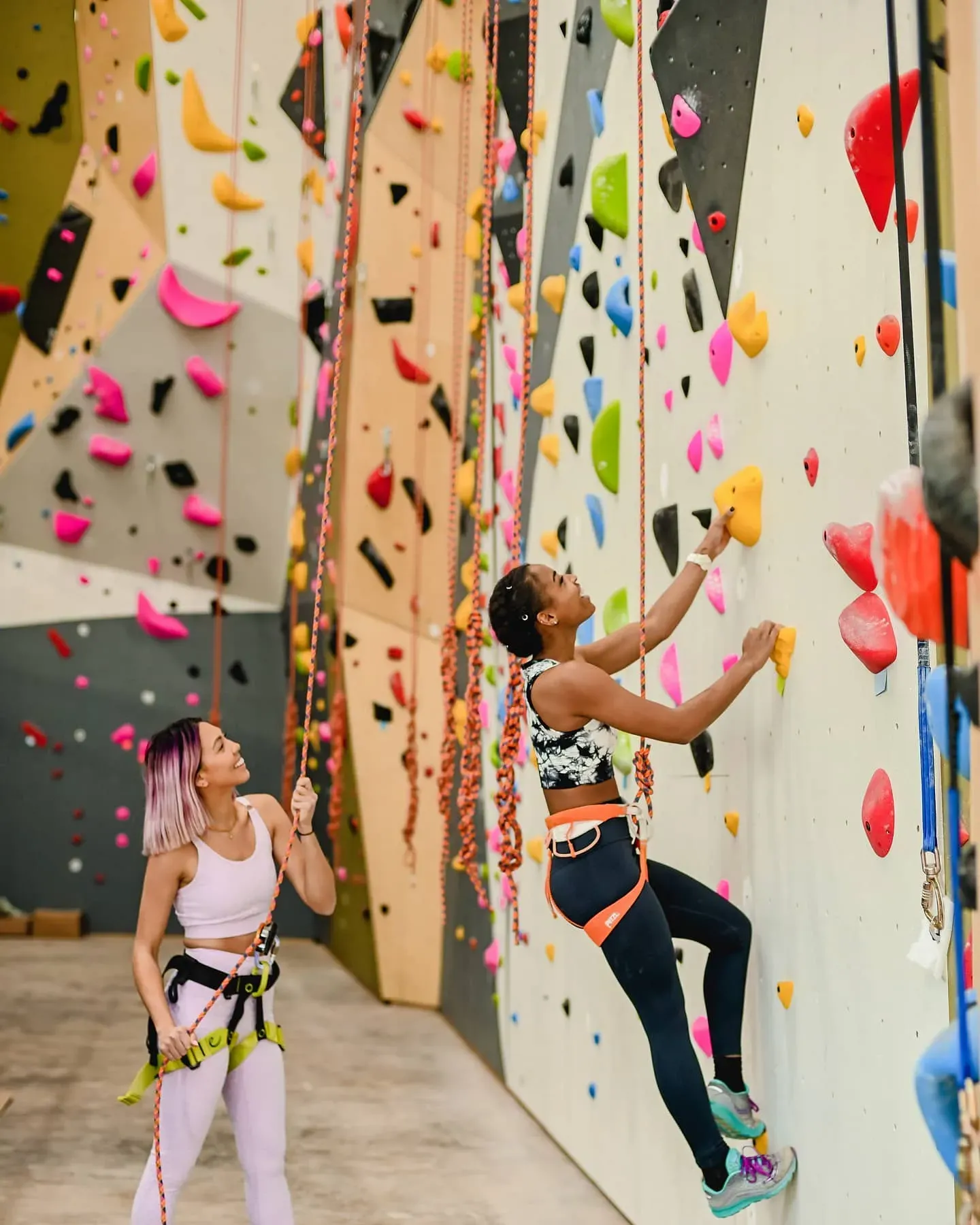 Outdoor artificial climbing boulders with colorful holds on wood chip ground surrounded by trees.