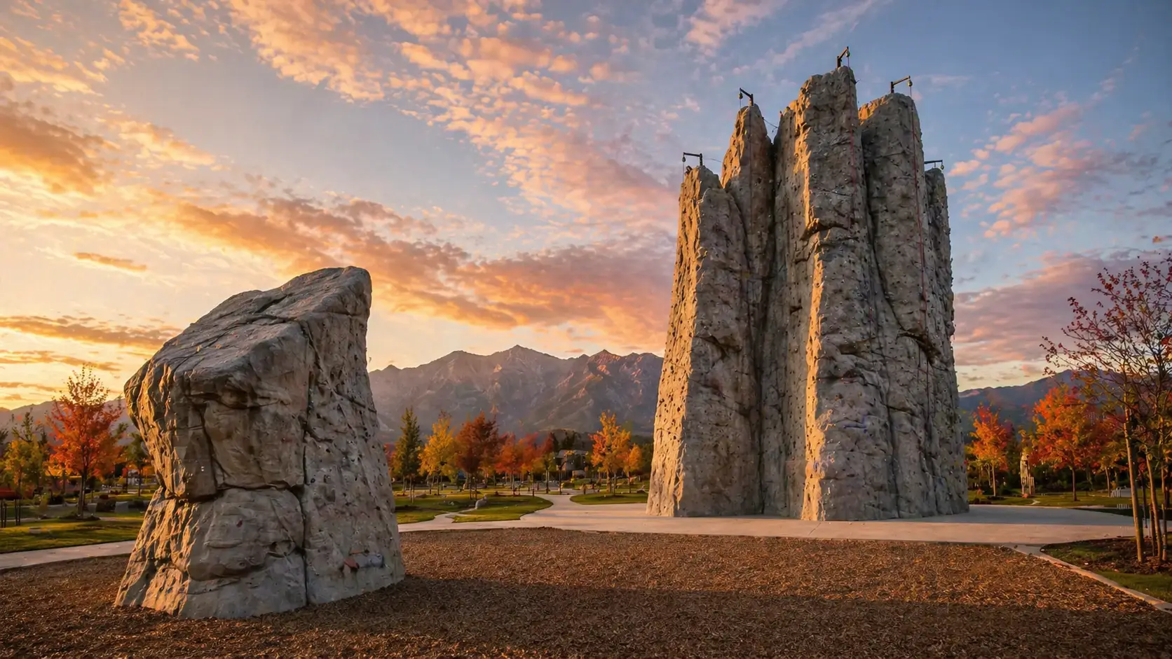 Three large, geometric climbing boulders set outdoors on wood chips with trees and mountains in the background at sunset.