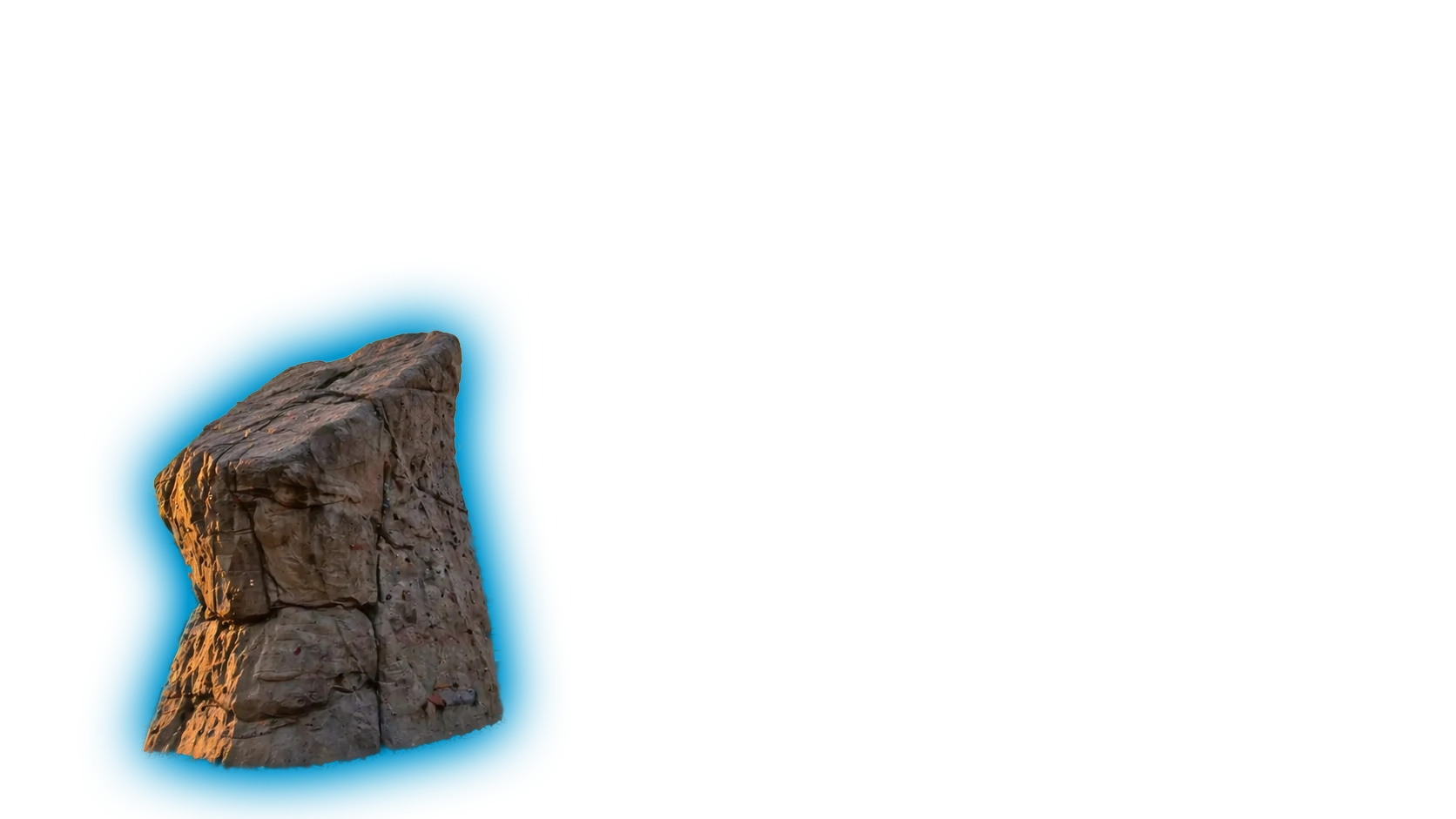 Gray angular climbing boulder with multiple bolt holes on a blue background.