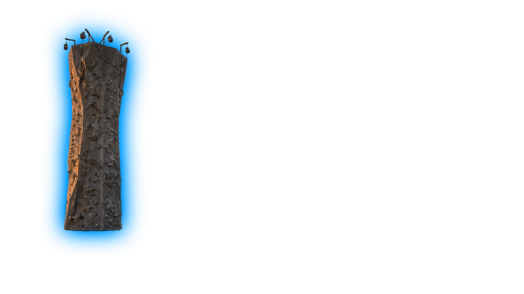 Gray angular climbing boulder with multiple bolt holes on a blue background.