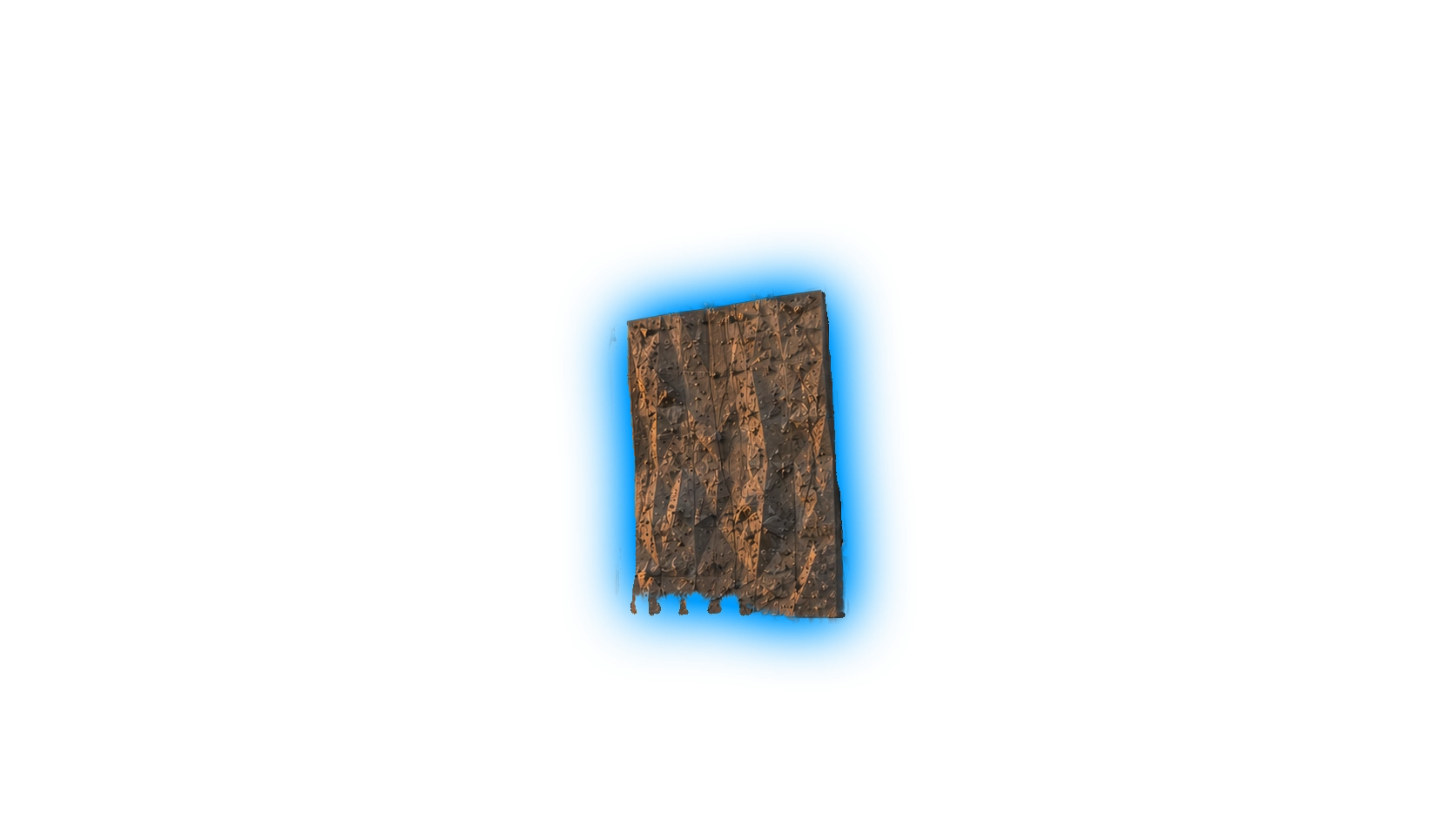 Large angular artificial climbing boulder with handholds against a blue background.