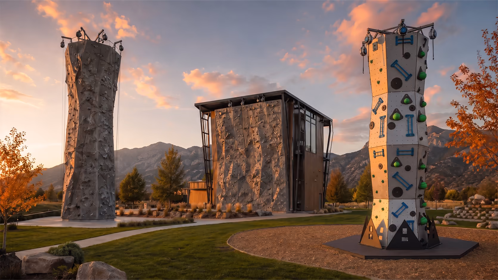 Three large, geometric climbing boulders set outdoors on wood chips with trees and mountains in the background at sunset.