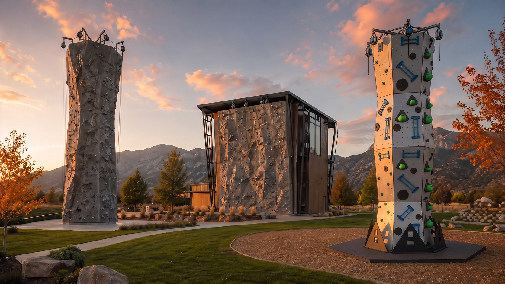Three large, geometric climbing boulders set outdoors on wood chips with trees and mountains in the background at sunset.