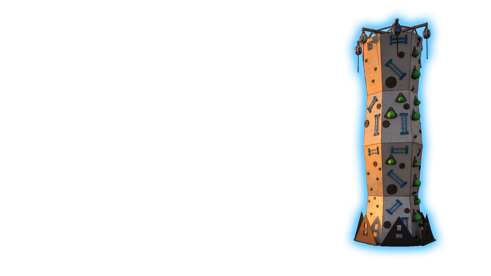 Large angular artificial climbing boulder with handholds against a blue background.