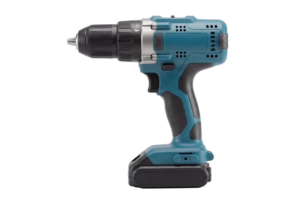 Cordless power drill with blue and black handle and a chuck at the front for drill bits, resting upright on its battery pack base against a white background.