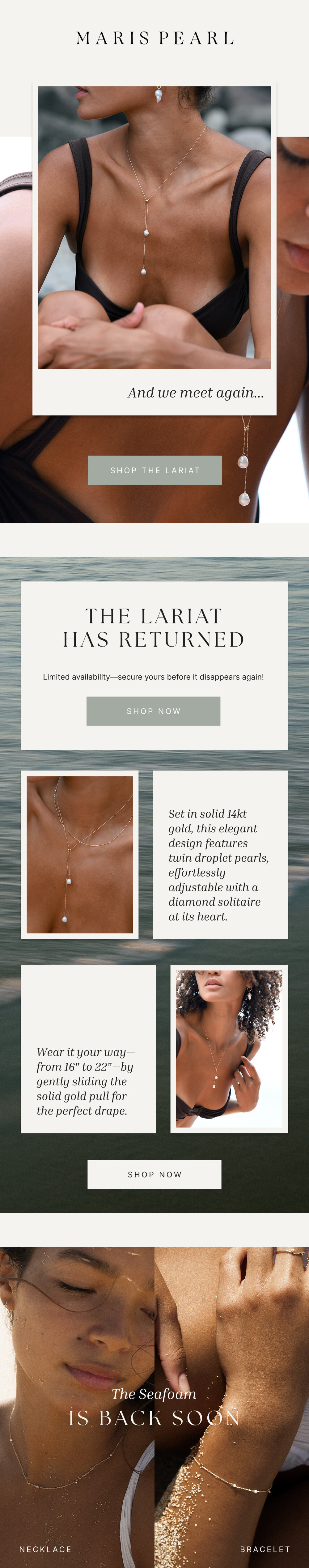 Jewelry brand's custom editable email template showcasing product features with a sleek and modern design.