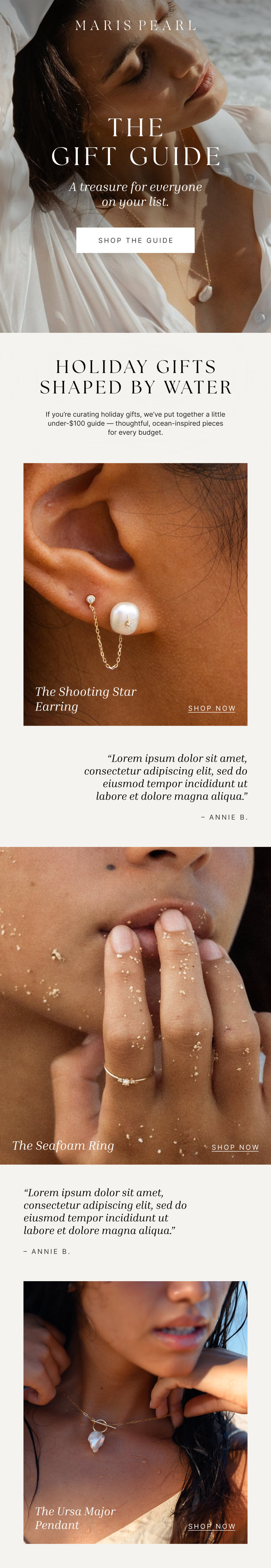 Jewelry brand's custom editable email template showcasing product features with a sleek and modern design.