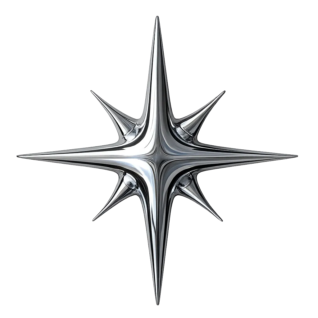 Shiny metallic 3D star with eight long pointed spikes on a gray gradient background.