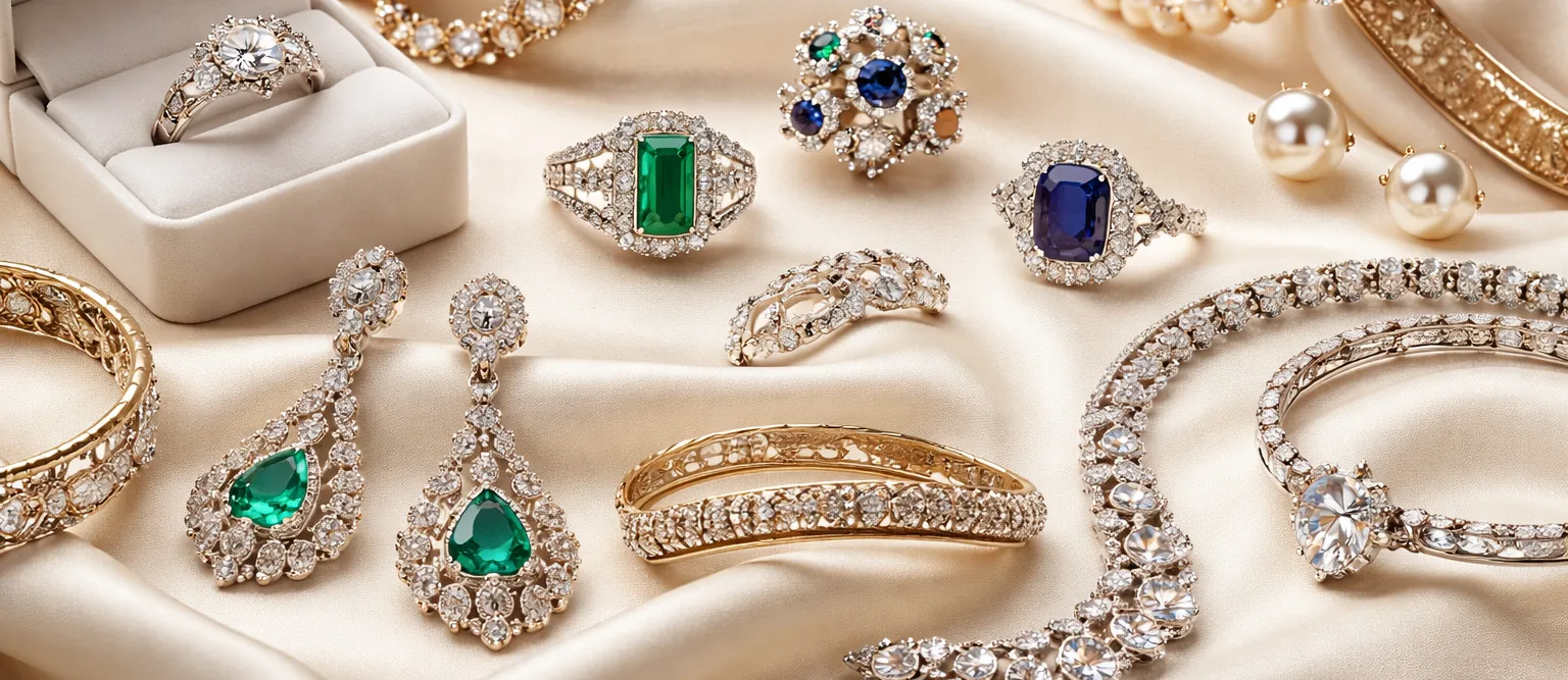 Assorted luxury gold and diamond jewelry including rings, earrings, bracelets, pearls, and necklace on silk.