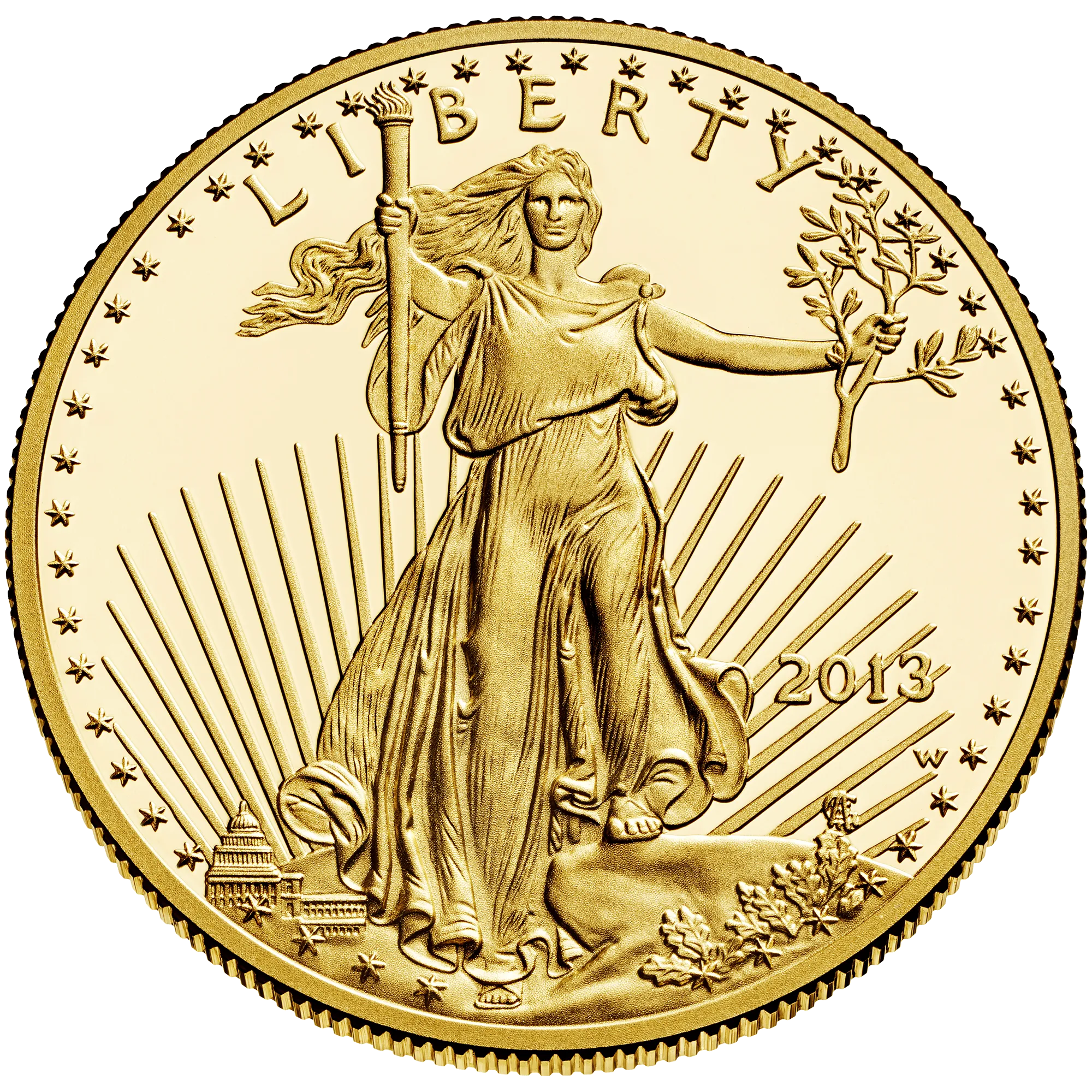 2013 gold coin with Lady Liberty holding torch and olive branch, stars around edge.