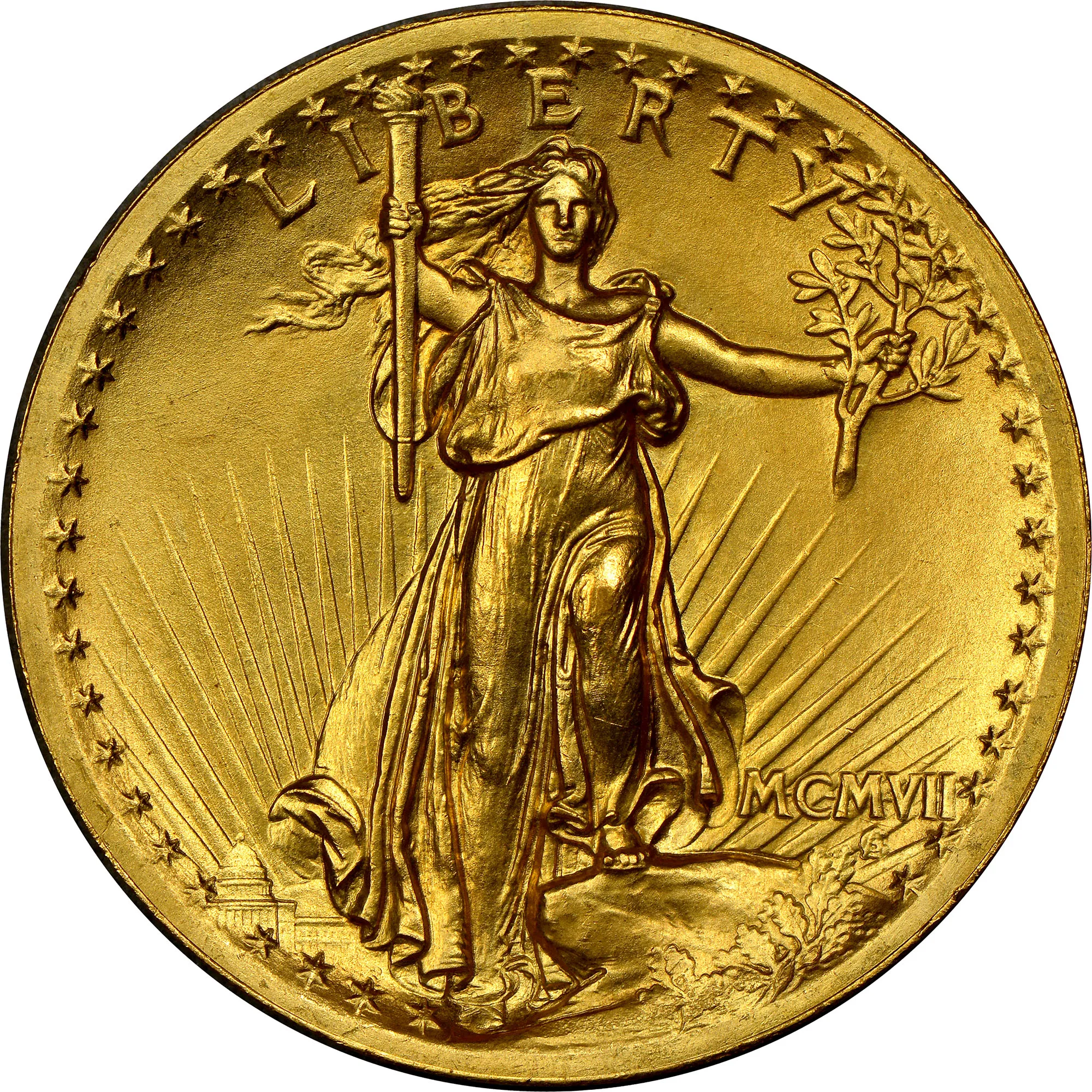 Gold coin with Lady Liberty holding torch and olive branch, rays and stars around, and date MCMVII.