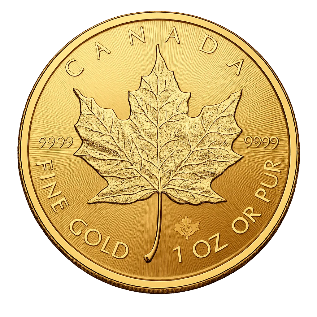 Canadian gold coin featuring a maple leaf with 9999 purity and 1 oz weight markings.