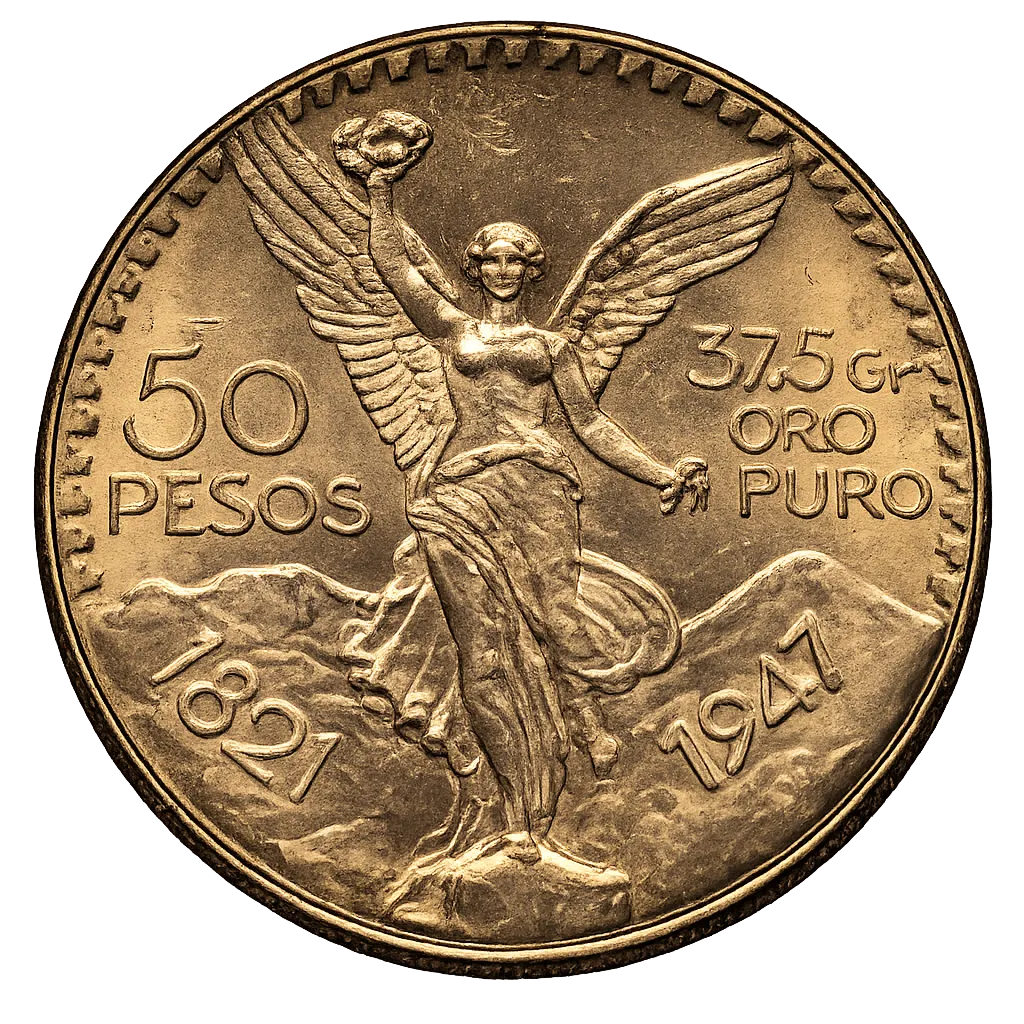 Mexican 50 pesos gold coin with winged Victory statue and mountain background, dated 1821-1947.