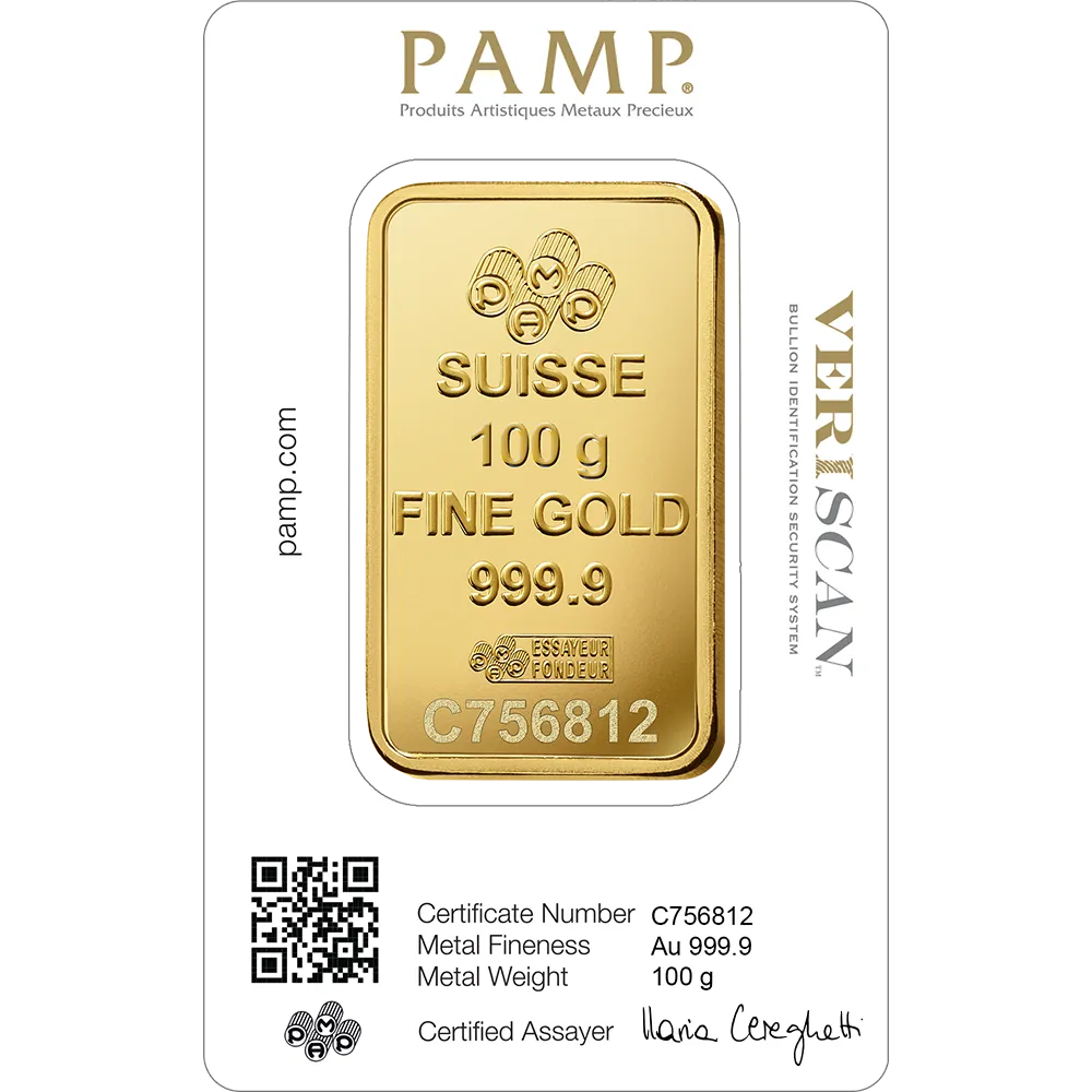 PAMP Suisse 100g fine gold bar 999.9 purity with certificate and serial number C756812.