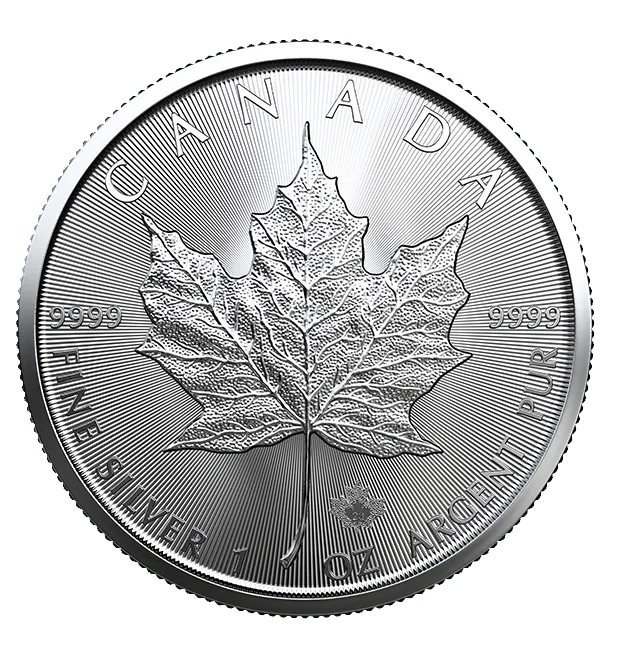 Canadian silver coin with detailed maple leaf and inscriptions of purity and weight.