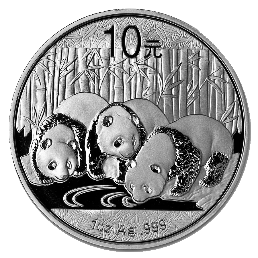 Silver coin with three pandas drinking water and bamboo forest background, labeled 10 yuan, 1 oz Ag 999.