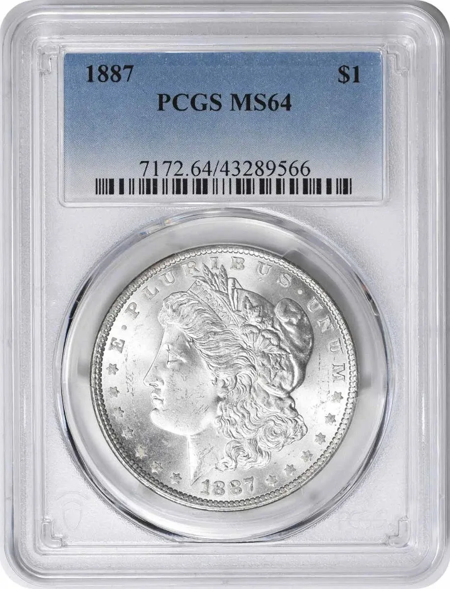 1887 silver Morgan dollar coin graded PCGS MS64 in protective plastic case.