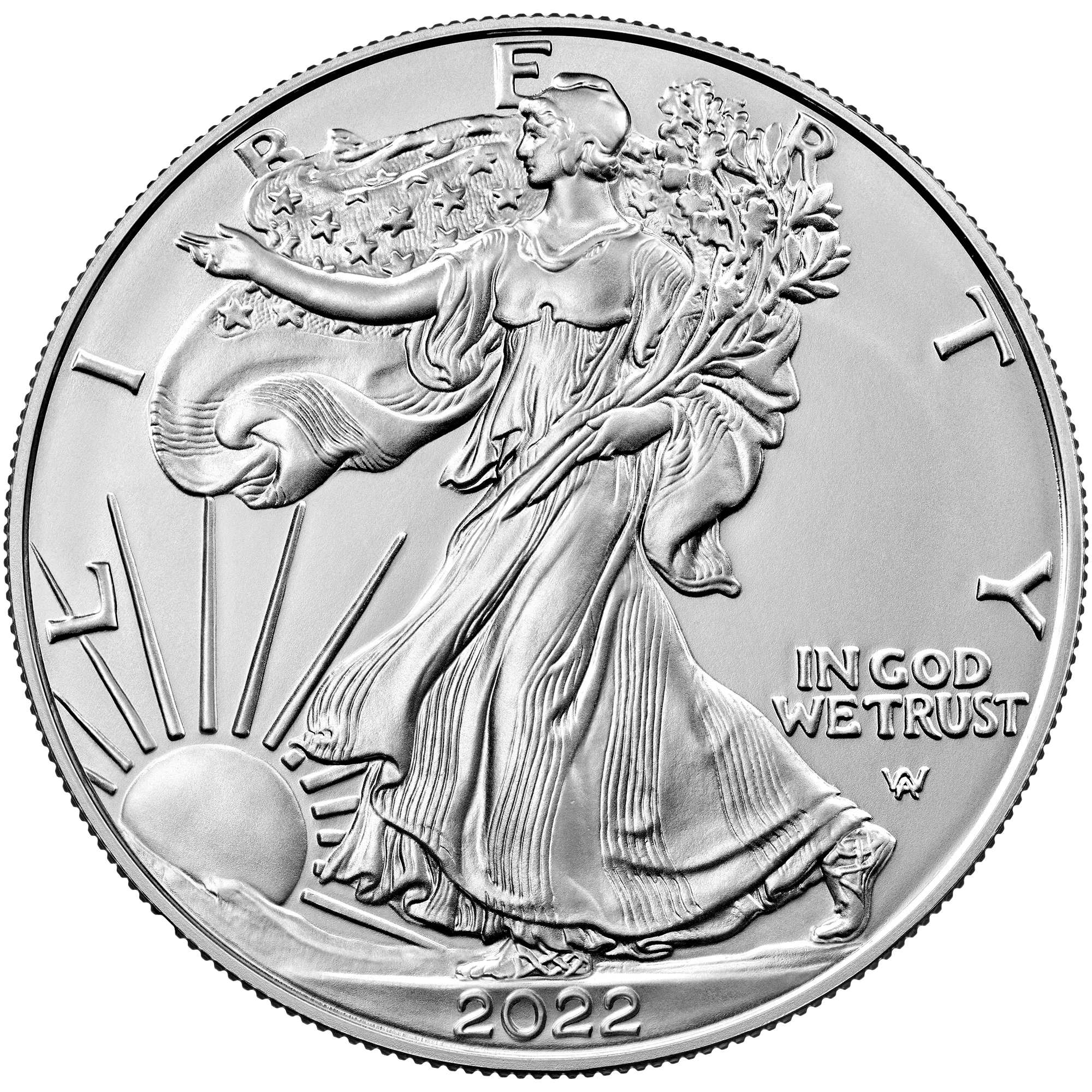 2022 American Silver Eagle coin showing Liberty walking with sun and stars, inscription In God We Trust.