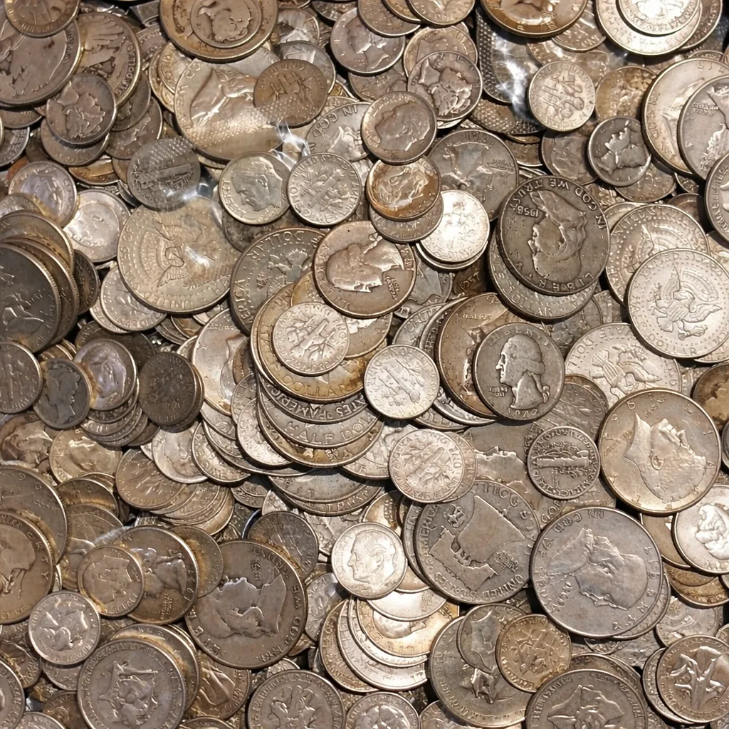 Pile of various U.S. silver coins including quarters, dimes, and half dollars overlapping each other.