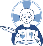 Dessin d'un enfant avec des ailes d'ange, tenant une plume dans une main et un livre ouvert dans l'autre, avec un halo bleu en arrière-plan.