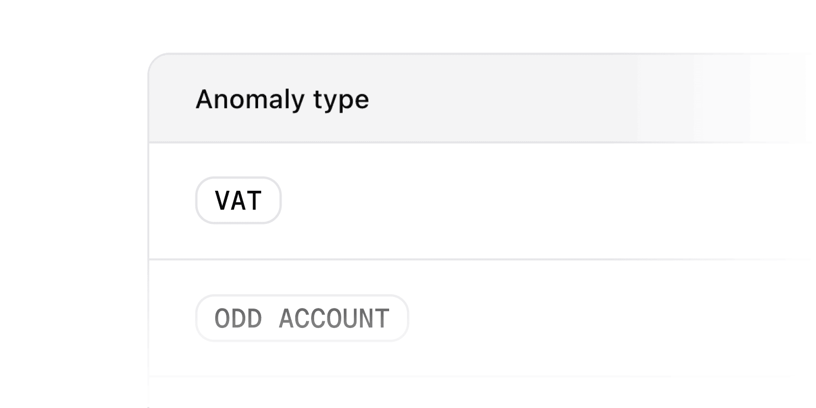 Interface showing 'Anomaly type' with options VAT and Odd Account, where VAT is selected.