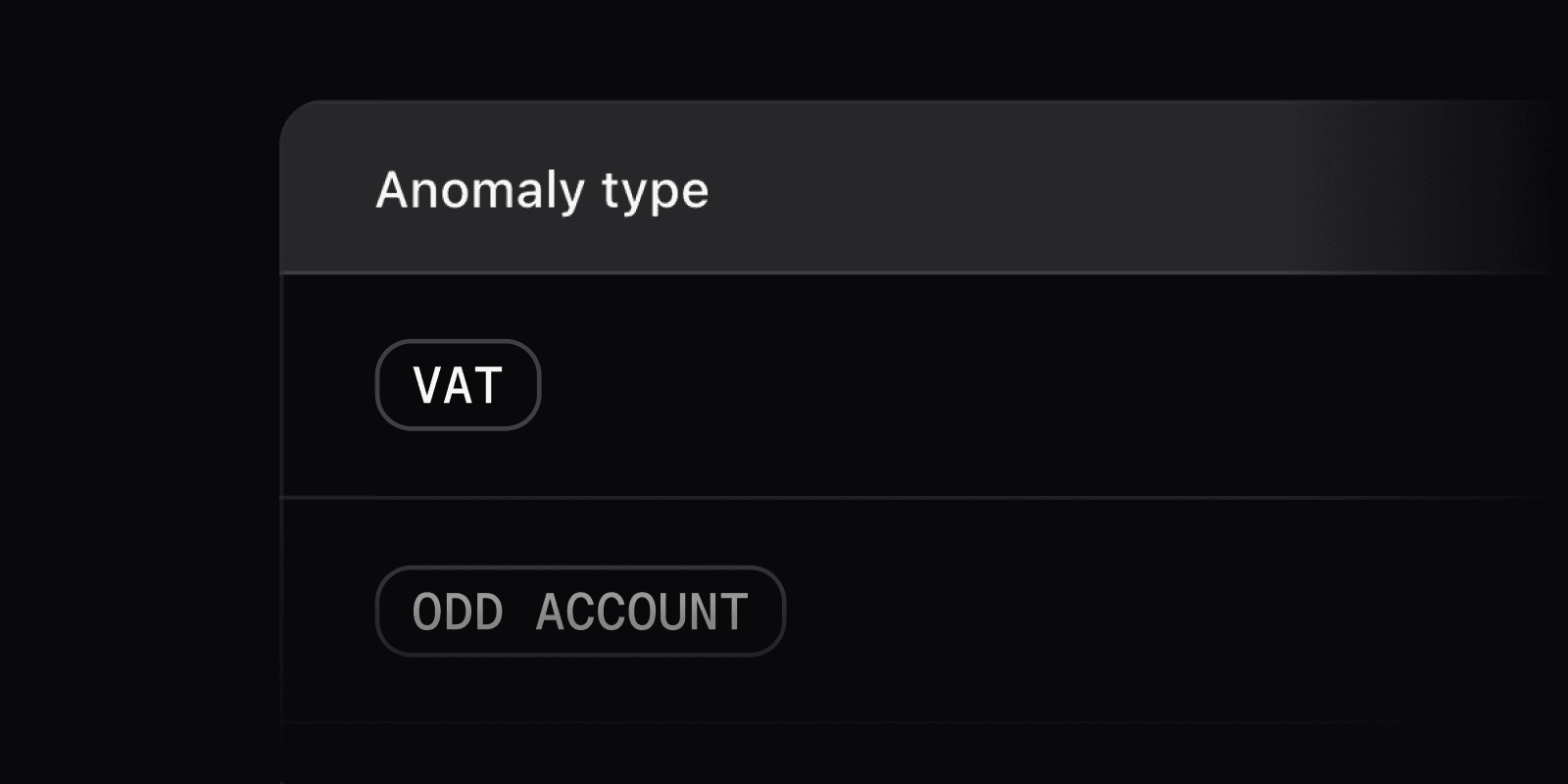 Interface showing selection options for anomaly types labeled VAT and Odd Account on a dark background.