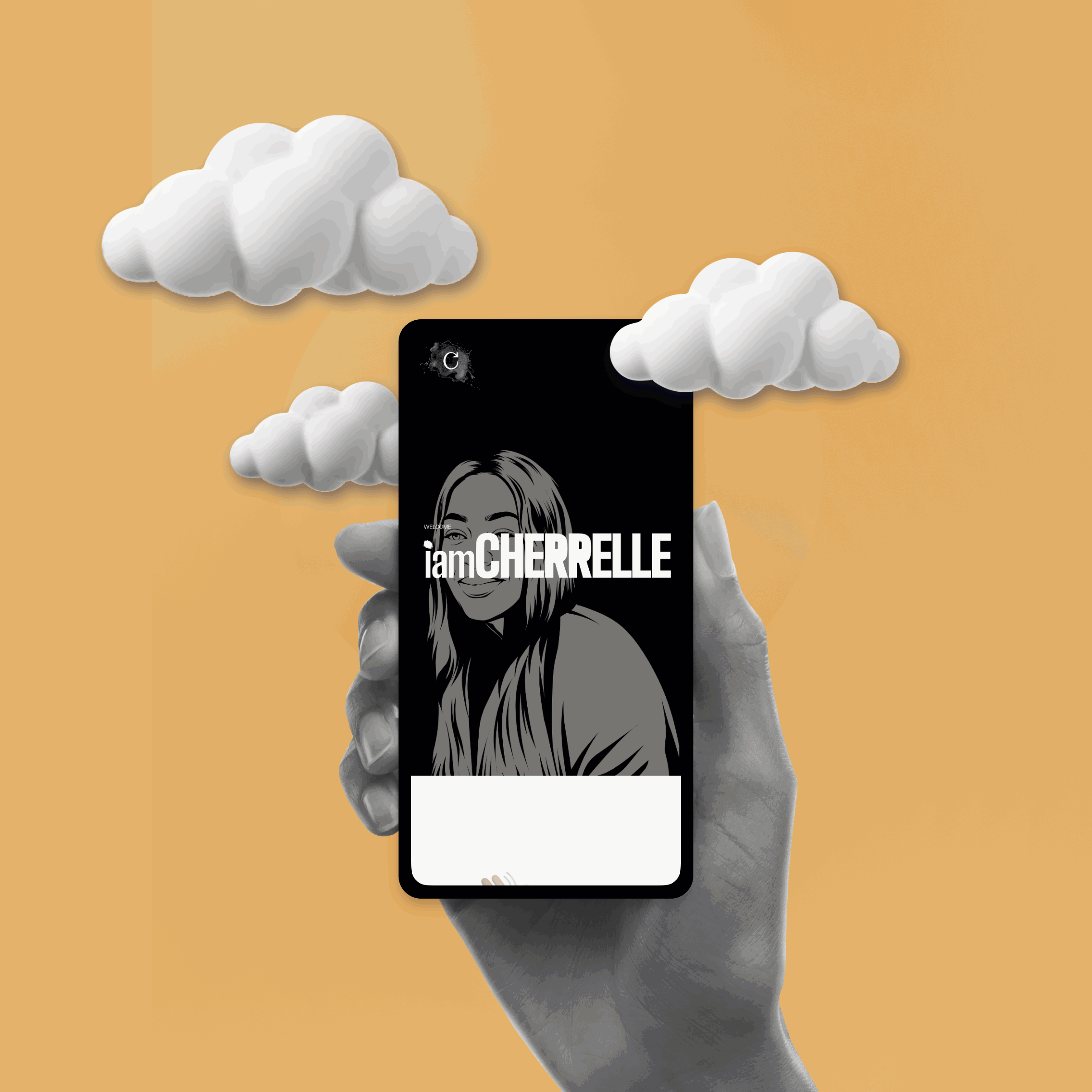 Hand holding phone with stylized black and white portrait titled 'iamCHERRELLE' against orange sky with clouds.