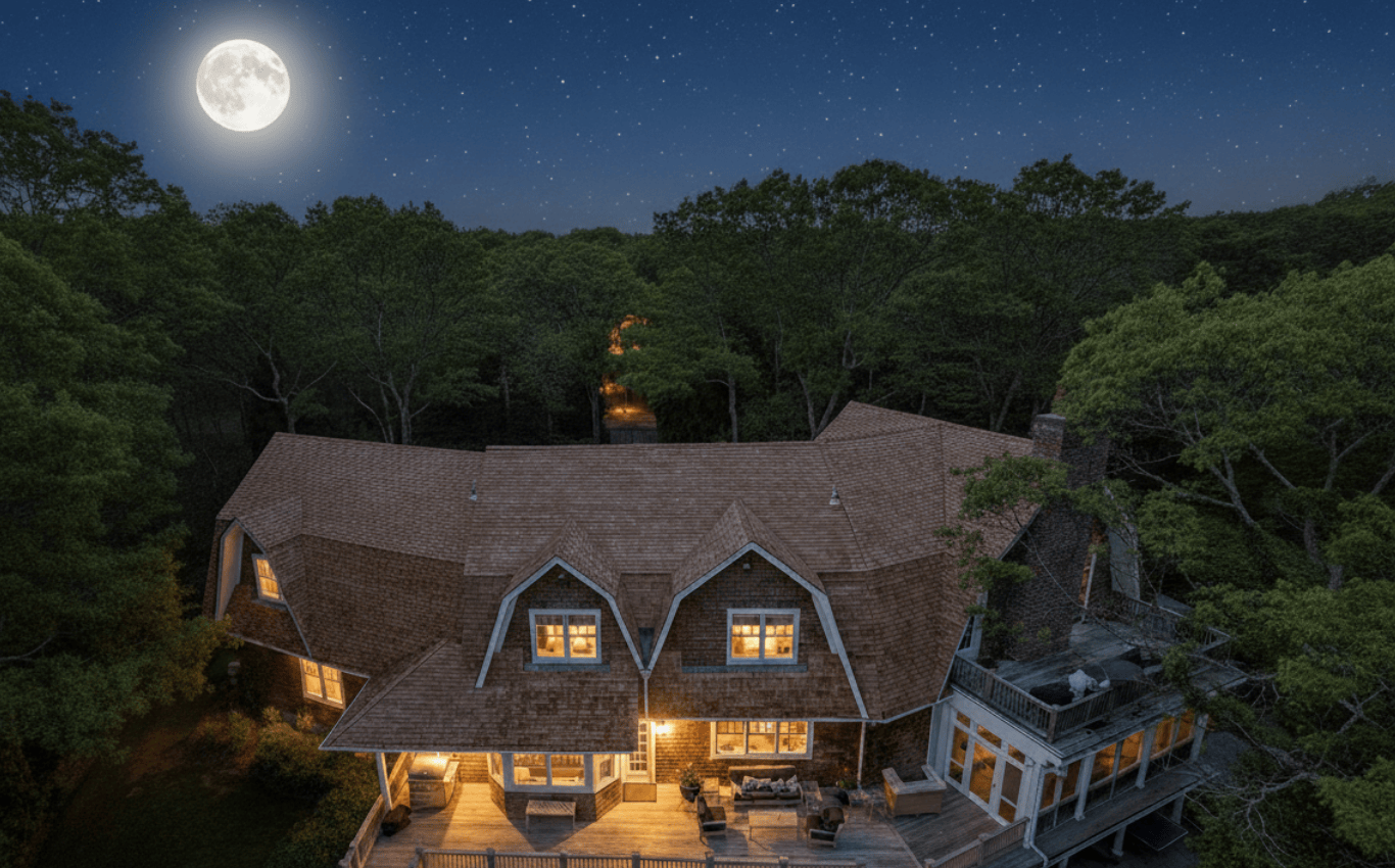 Luxury cedar-shingled home at night under a full moon and starry sky.