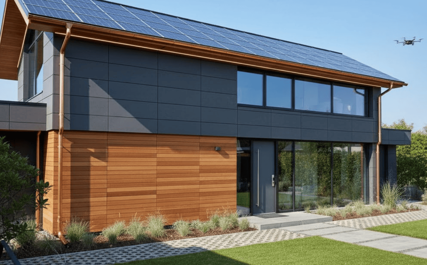 Modern home with smart solar roof and cedar siding, showcasing energy efficiency and luxury design.