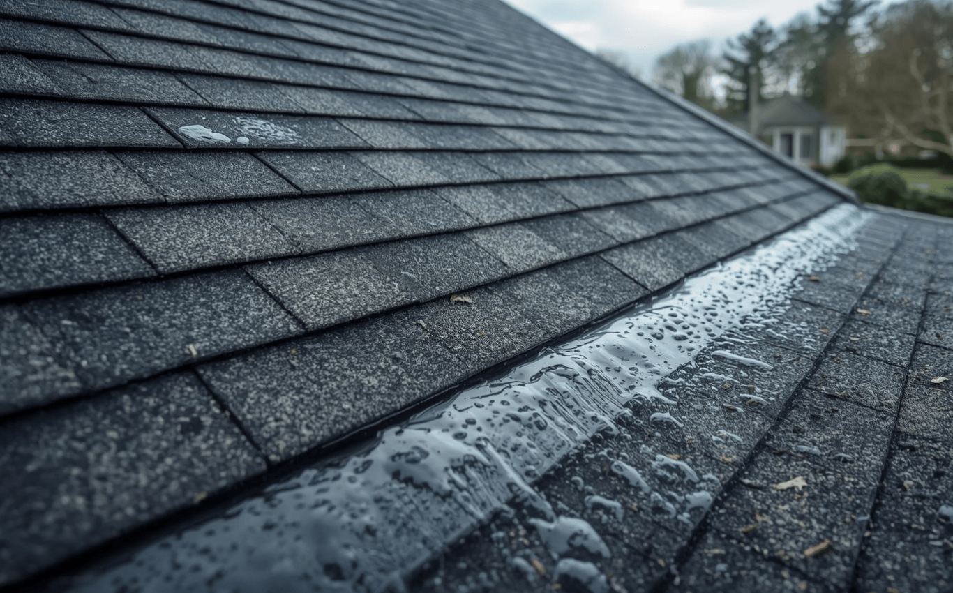 Water flowing along roof shingles, highlighting how moisture follows seams and roof details during rain.