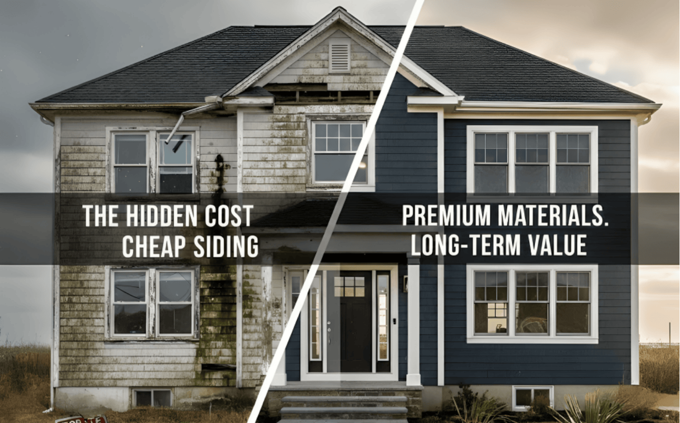 Before-and-after home exterior showing the contrast between failing cheap siding and durable premium siding.