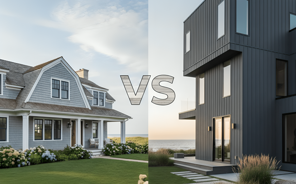 Comparison of coastal homes featuring horizontal siding on a traditional house and vertical siding on a modern residence.