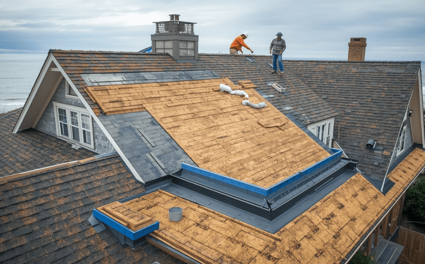 Roofing professionals installing layered roofing system components on a coastal home, showing underlayment, flashing, and structural detailing.