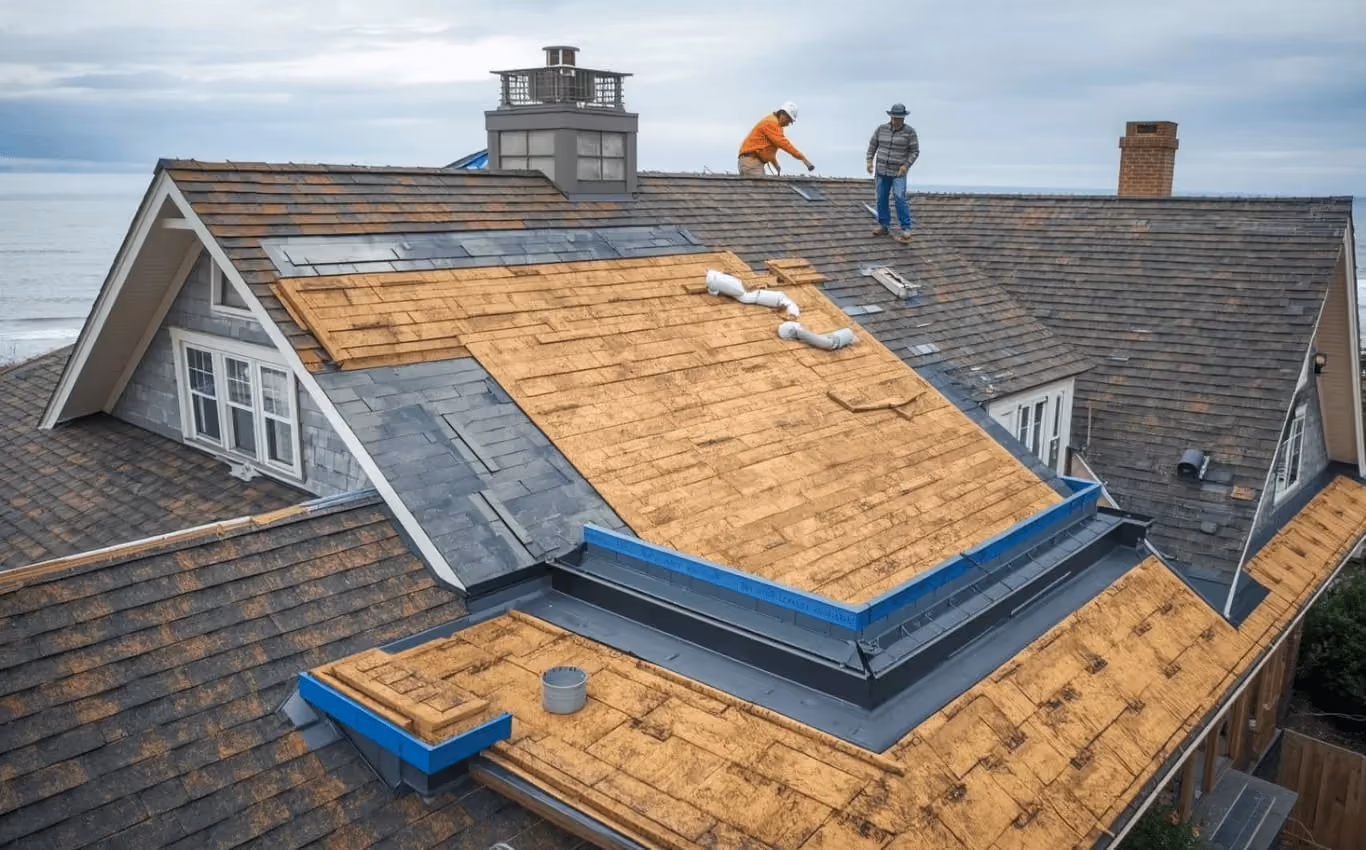 Roofing professionals installing layered roofing system components on a coastal home, showing underlayment, flashing, and structural detailing.