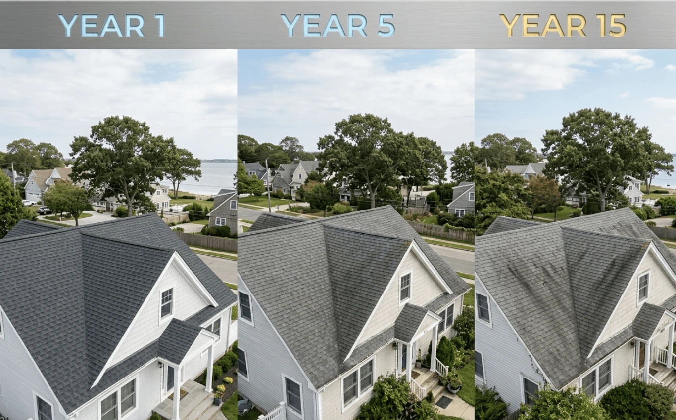 Roof aging comparison showing year 1, year 5, and year 15 conditions on a Long Island home.