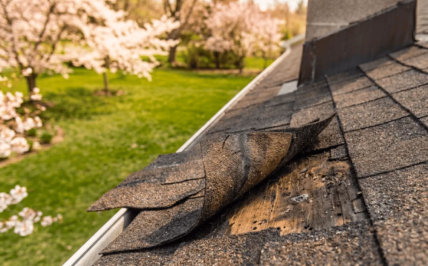 Damaged roof shingles lifted to reveal underlying wood, showing winter roof damage on a home in spring.