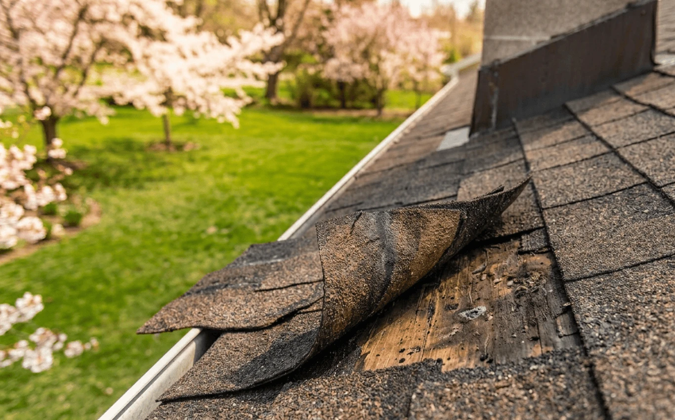 Damaged roof shingles lifted to reveal underlying wood, showing winter roof damage on a home in spring.