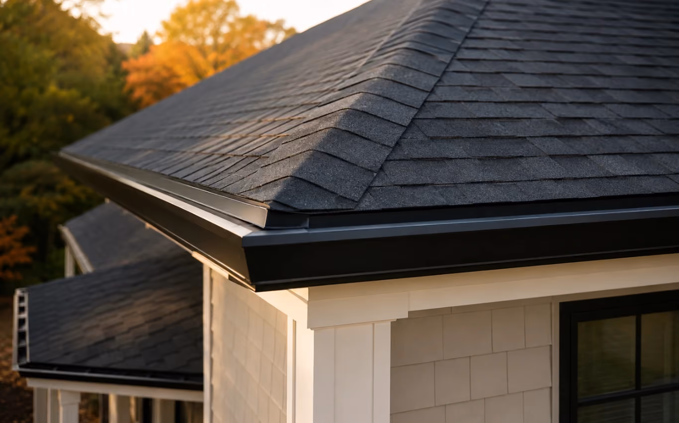 Close-up of a modern roof edge with shingles, metal flashing, and drip edge designed for water drainage and storm protection.