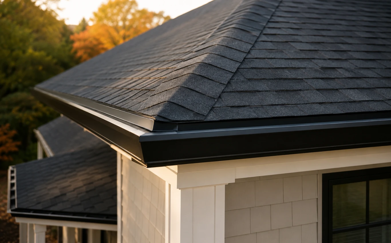 Close-up of a modern roof edge with shingles, metal flashing, and drip edge designed for water drainage and storm protection.