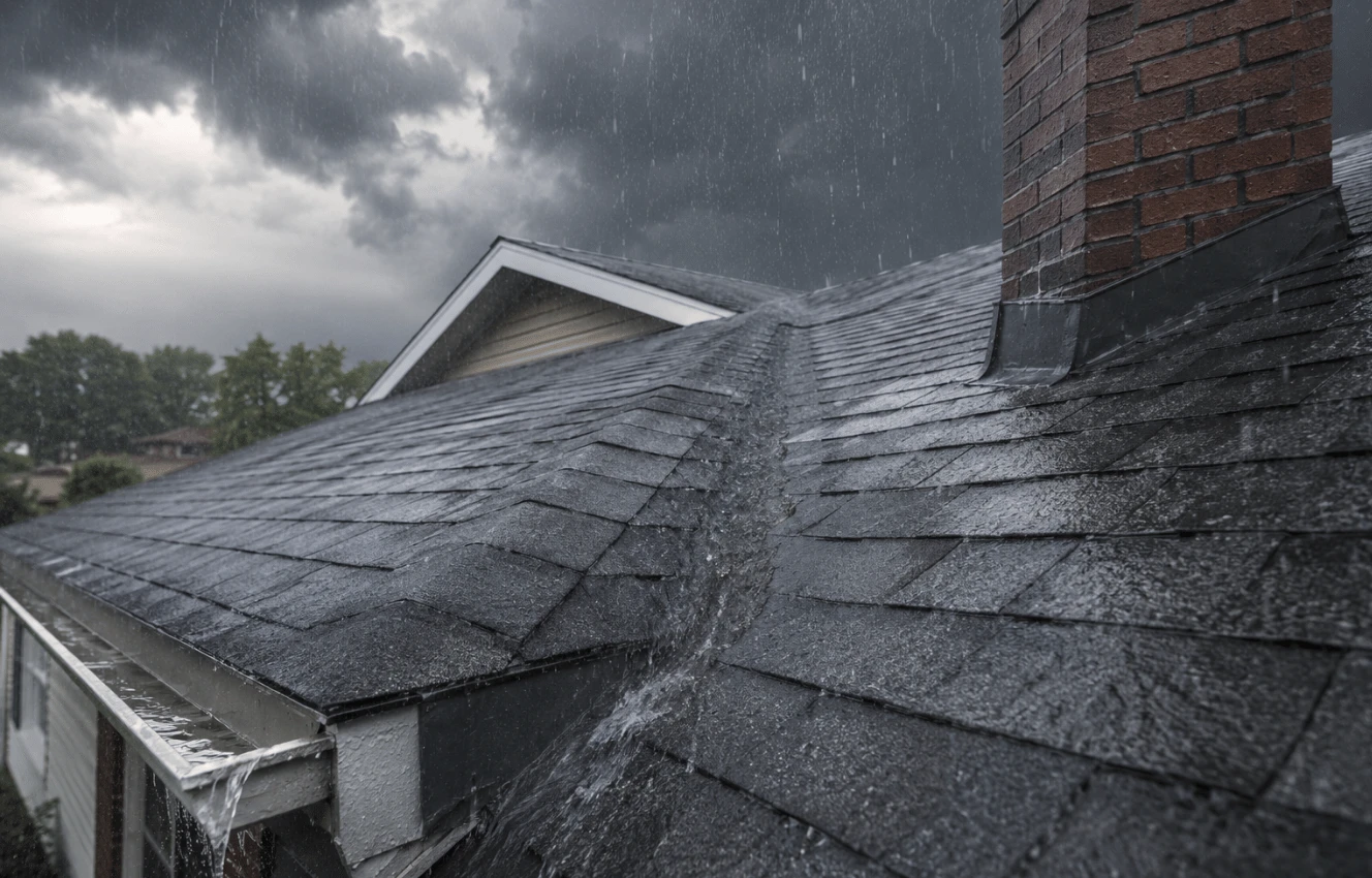 Storm-damaged roof with heavy rain flowing across shingles and chimney flashing under dark storm clouds.