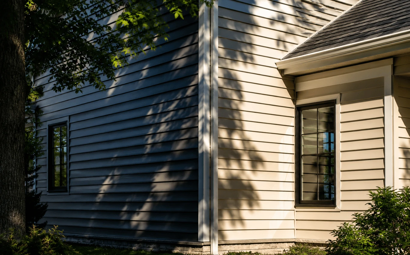 Home exterior with siding exposed to both sunlight and shade, showing how different environmental conditions affect appearance and performance over time.
